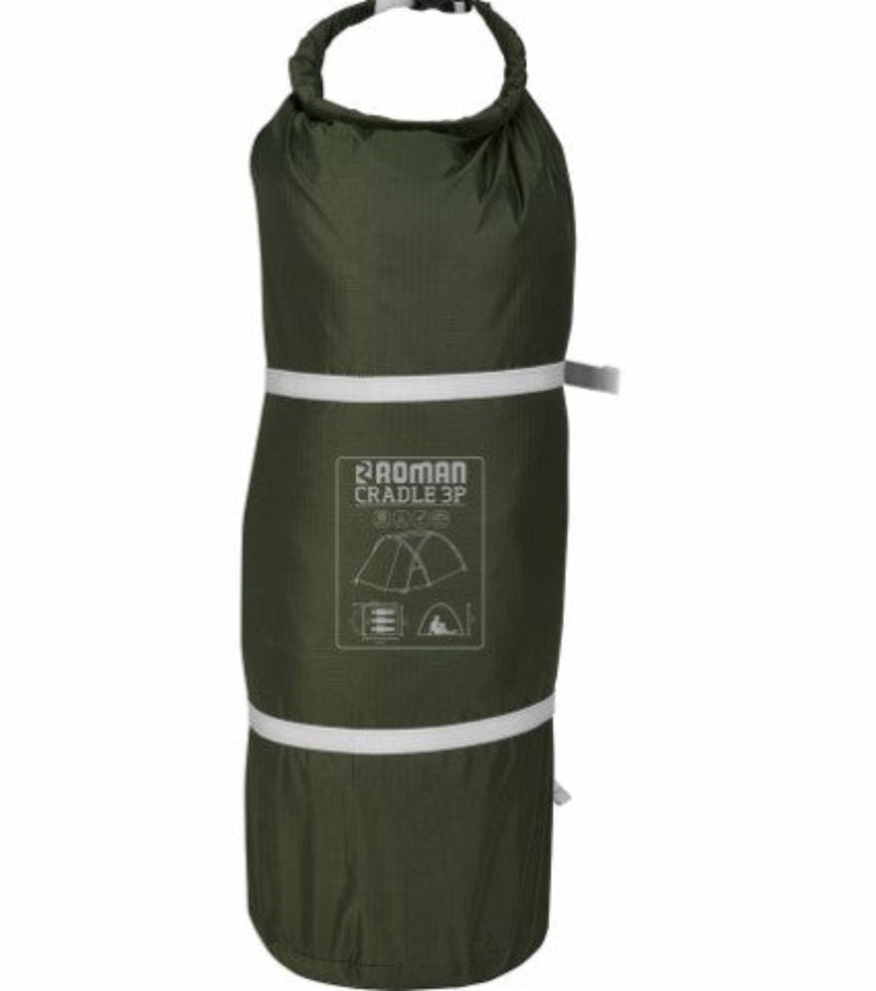 Green camping cradle with Roman Cradle logo on a white background