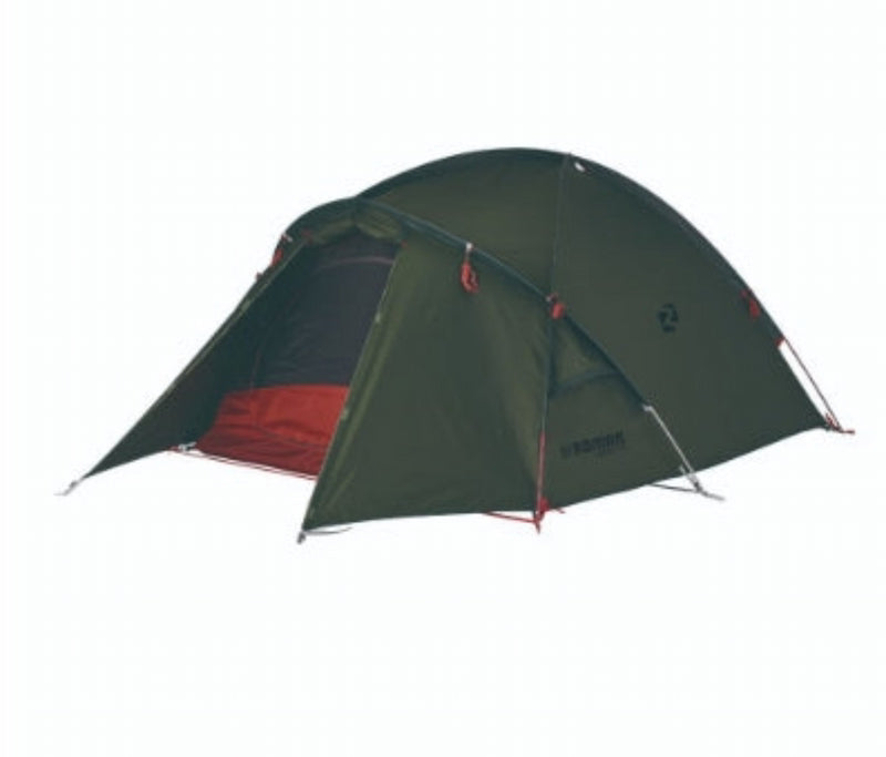 Green camping tent with red interior on a white background