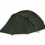 Green camping tent with red accents on a white background