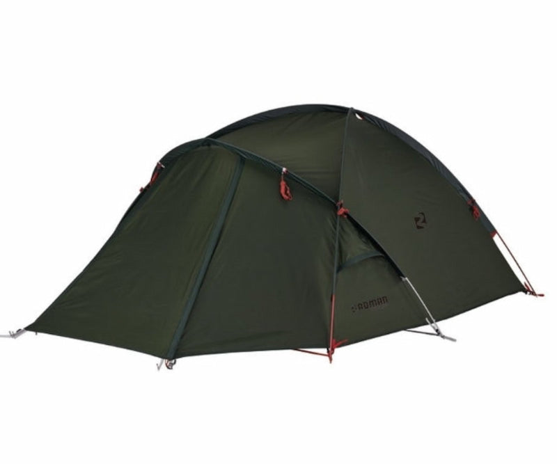 Green camping tent with red accents on a white background