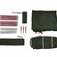 Camping tent parts including poles, stakes, and carrying bags on a white background