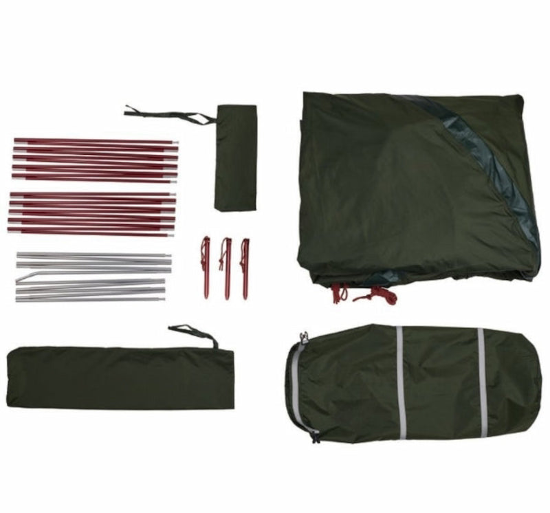 Camping tent parts including poles, stakes, and carrying bags on a white background