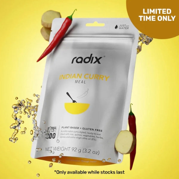 Radix Indian Curry meal package on a yellow background with spices and text indicating limited time offer.