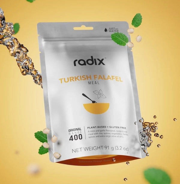 Radix Turkish Falafel meal package on a yellow background with ingredients.
