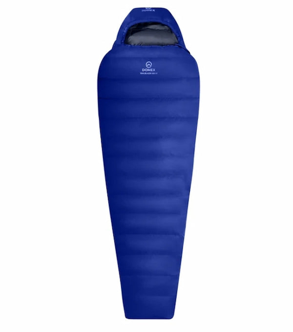 Blue sleeping bag with a brand logo on a white background