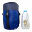 Blue backpack and white milk bottle with cow label on a white background