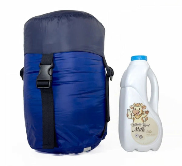 Blue backpack and white milk bottle with cow label on a white background