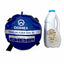 Blue Domex sleeping bag and white milk carton on a white background