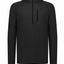 A black hooded quarter-zip pullover jacket with a vertical zippered chest pocket and a tonal logo on the upper chest, displayed on a clean white background.