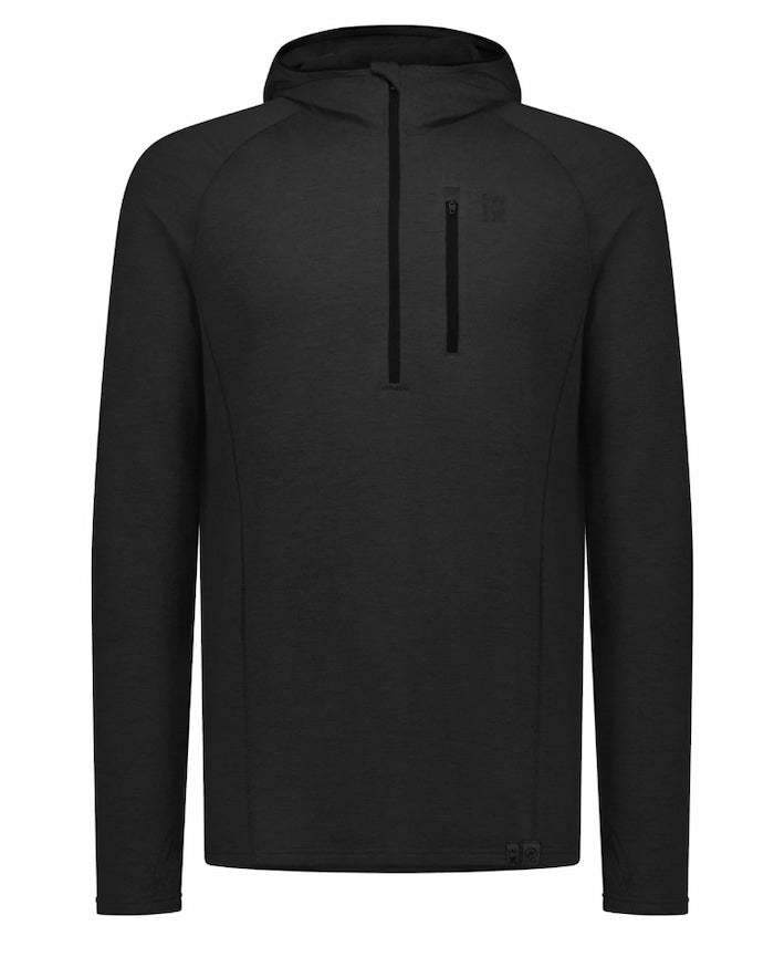 A black hooded quarter-zip pullover jacket with a vertical zippered chest pocket and a tonal logo on the upper chest, displayed on a clean white background.