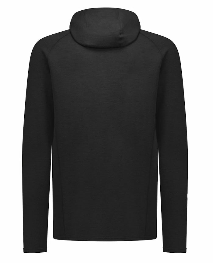 A black long-sleeve hooded top shown from the back, photographed on a plain white background.