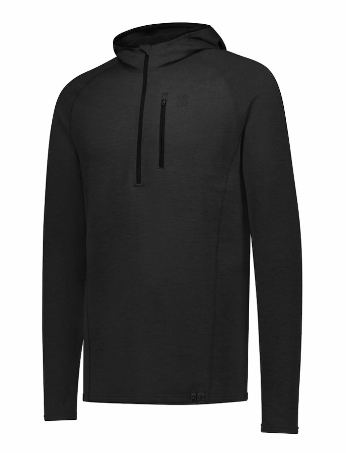 A black long-sleeve athletic pullover hoodie with a half-zip neckline, zippered chest pocket, and a subtle tonal logo on the left chest, displayed on a clean white background.