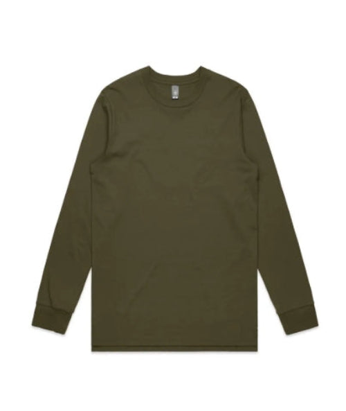 A long sleeve army green T-shirt with a round neckline, cuffed sleeves, and a regular fit.