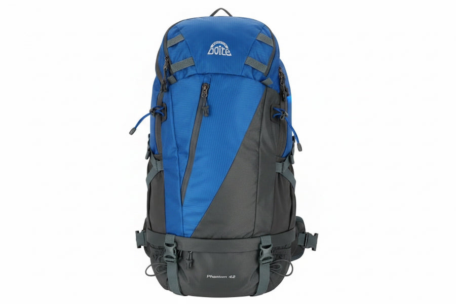 A blue and dark gray Baltics hiking backpack shown from the front against a plain white background.