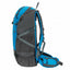 A blue and dark gray hiking backpack shown from the side against a plain white background.
