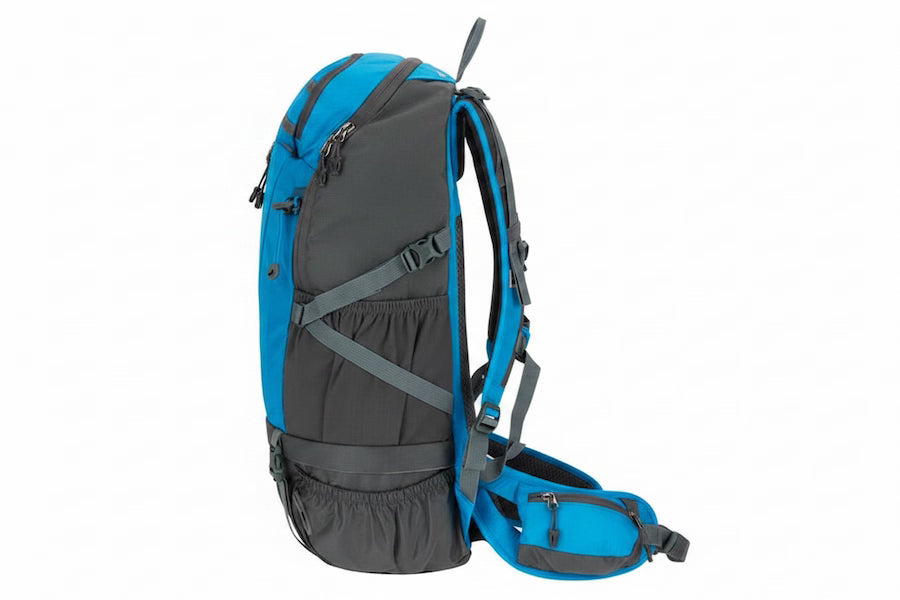 A blue and dark gray hiking backpack shown from the side against a plain white background.