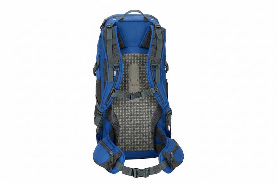 A blue and gray hiking backpack shown from the back, featuring a breathable mesh back panel, padded shoulder straps, and compression buckles, set against a plain white background.