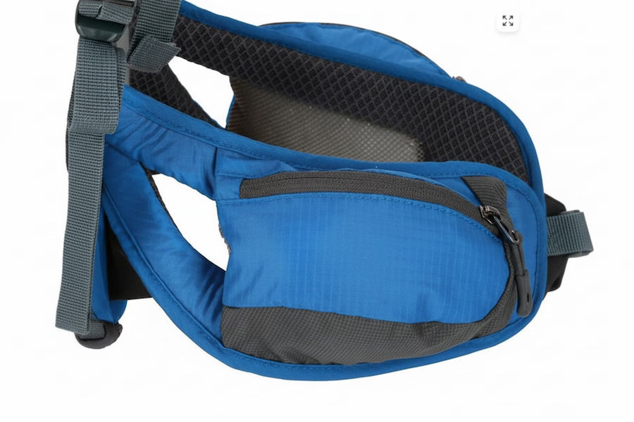 A blue and gray waist bag with a front zippered pocket and adjustable strap, shown on a plain white background.