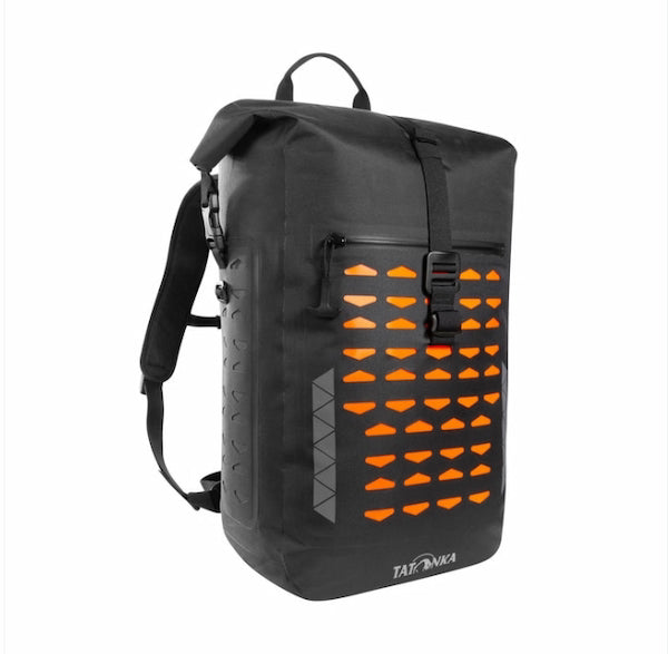 A black waterproof roll-top backpack with bright orange geometric accents on the front, a top carry handle, and a shoulder strap, shown on a plain white background.