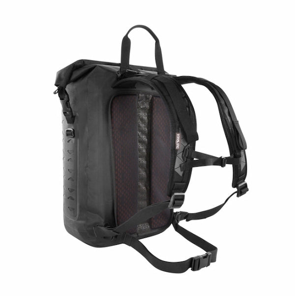 A black waterproof backpack shown from a three-quarter rear angle, featuring a textured dark red mesh panel on the back, padded shoulder straps, and a top carry handle, set against a plain white background.