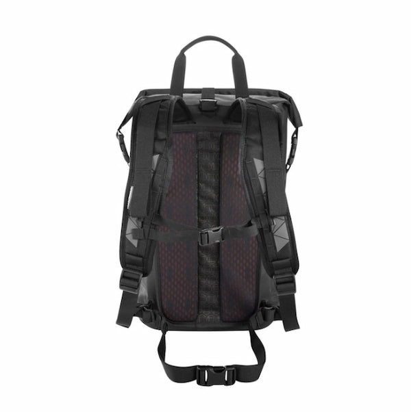 Black backpack shown from the back, featuring a black mesh back panel with red patterned lining, padded shoulder straps, and a top carry handle, set against a plain white background.