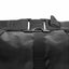 Close-up of a black waterproof bag with a roll-top closure, featuring a black plastic quick-release buckle and adjustable webbing strap on a white background.