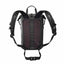 A black technical backpack shown from the back, featuring a dark red and black patterned mesh panel in the center, padded shoulder straps, and a top carry loop, isolated on a white background.