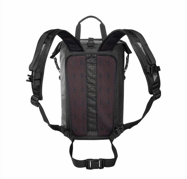 A black technical backpack shown from the back, featuring a dark red and black patterned mesh panel in the center, padded shoulder straps, and a top carry loop, isolated on a white background.