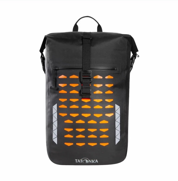 A black waterproof backpack with a prominent orange geometric pattern on the front and a white TARKONA logo at the bottom, shown against a plain white background.