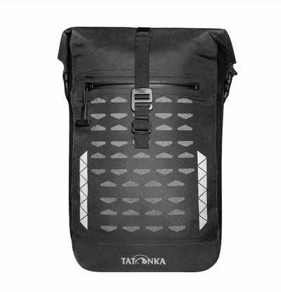 A black waterproof roll-top backpack with a front zippered pocket featuring a gray cloud pattern and white geometric side accents, shown against a plain white background.