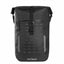 A black waterproof roll-top backpack with a front zippered pocket, buckle strap closure, and gray geometric pattern details, shown on a plain white background.
