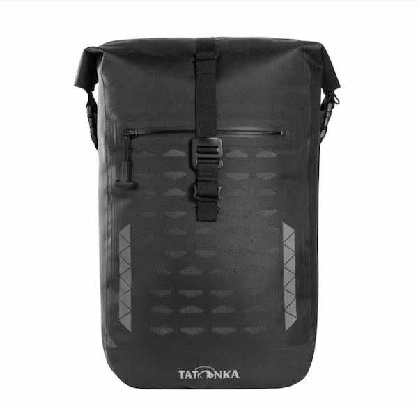 A black waterproof roll-top backpack with a front zippered pocket, buckle strap closure, and gray geometric pattern details, shown on a plain white background.