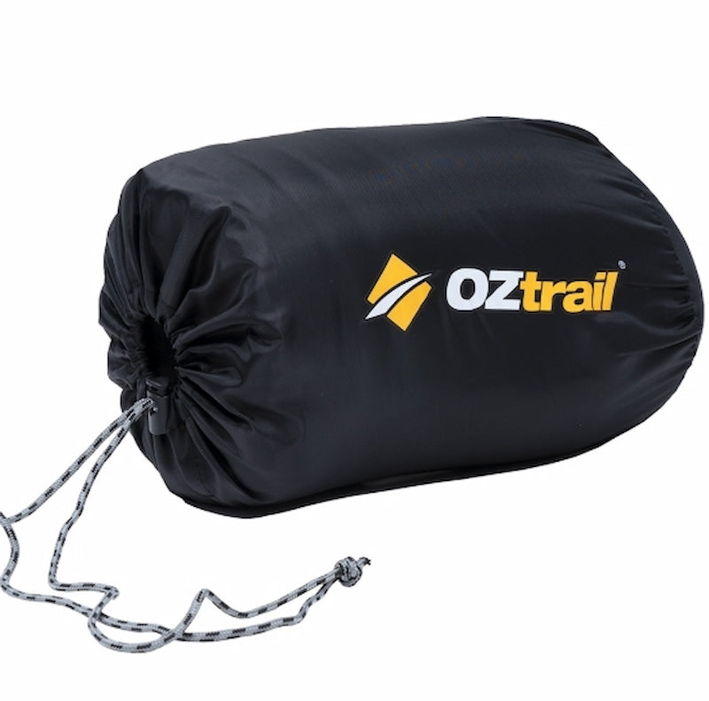 Black drawstring bag with OZtrail logo on a white background