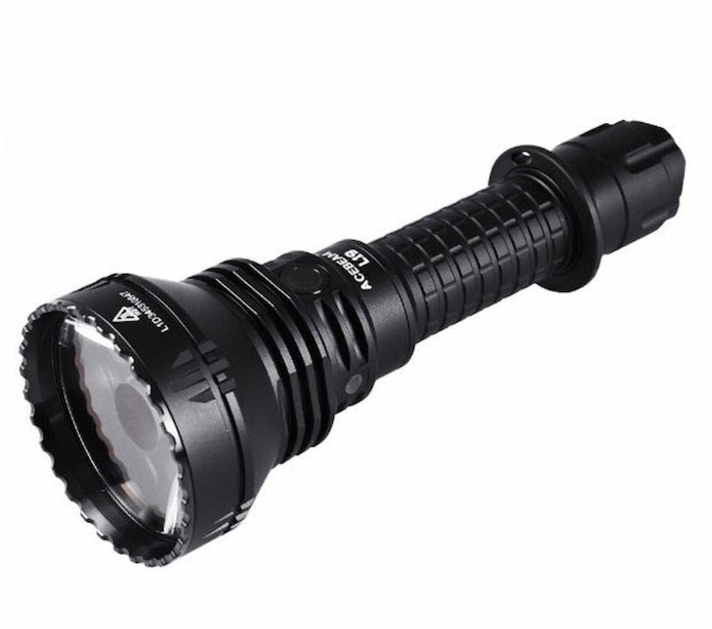 Black flashlight with visible brand logo on a white background