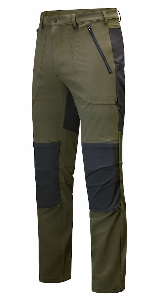 Green and black outdoor pants on a white background