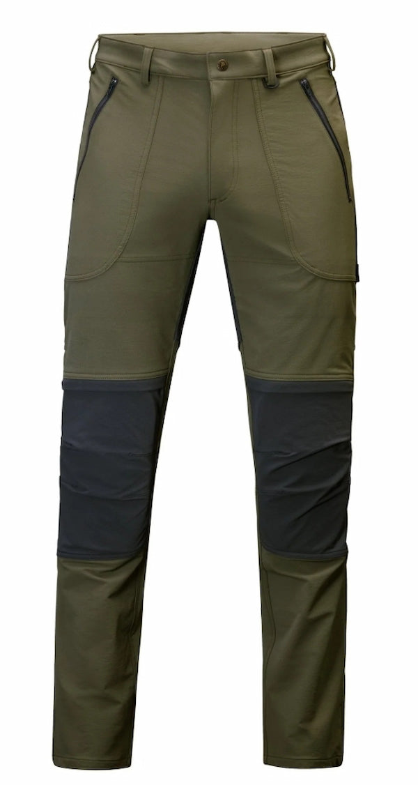 Green and navy hiking pants on a white background