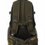 The back view of a tactical backpack in olive green and black with camouflage accents on the bottom corners, shown against a plain white background.