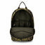 An open backpack with a green and brown camouflage pattern, showing its interior storage compartments, including a main zippered pocket and mesh organizer, on a white background.