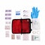First aid kit with various supplies including bandages and gloves on a white background