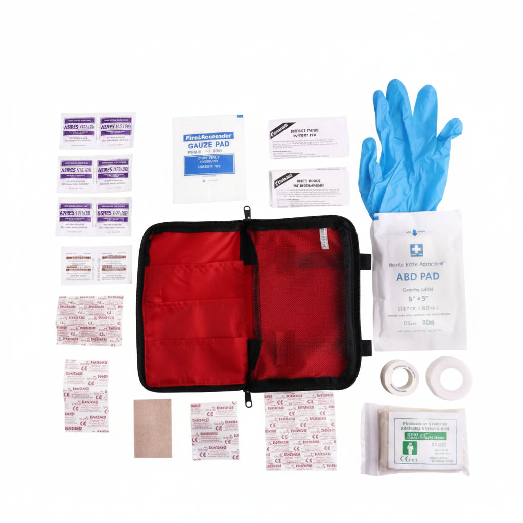 First aid kit with various supplies including bandages and gloves on a white background