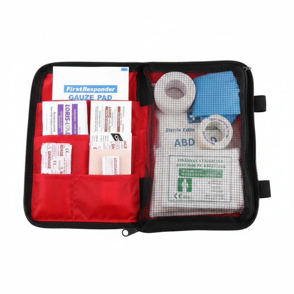 Open first aid kit with various supplies on a white background