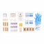 First aid kit contents including bandages, gauze pads, and gloves on a white background