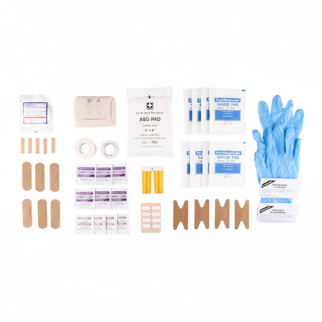 First aid kit contents including bandages, gauze pads, and gloves on a white background