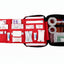 An open first aid kit with a red interior organizer and black outer casing, containing various medical supplies such as bandages, gauze, tape, and gloves, photographed on a white background.