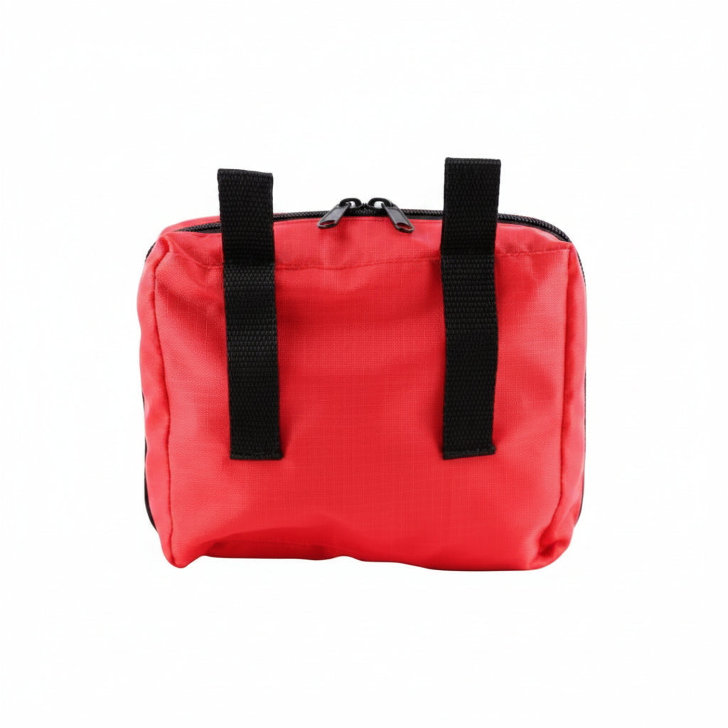 Red bag with black straps on a white background
