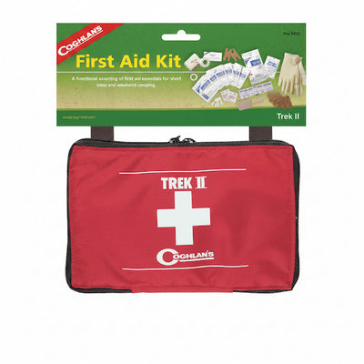 Coghlan's Trek II First Aid Kit in a red zippered pouch with a white cross logo, hanging from its green retail header card.