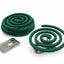 Two green mosquito coils with a metal clip on a white background