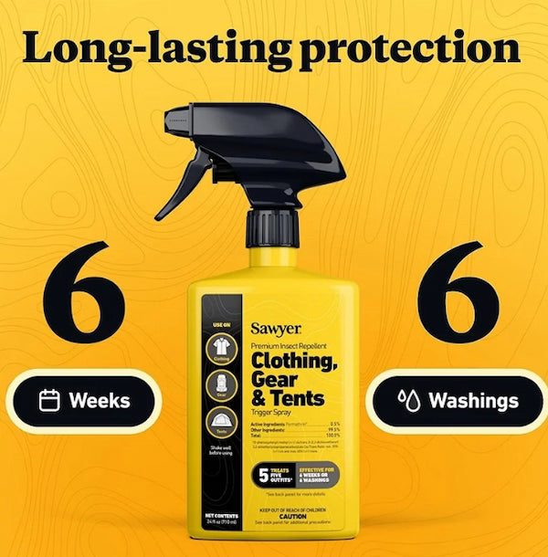 Sawyer clothing, gear, and tents insect repellent spray bottle on a yellow background with text about protection duration.