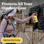 Person applying a product to outdoor gear with text highlighting its features.