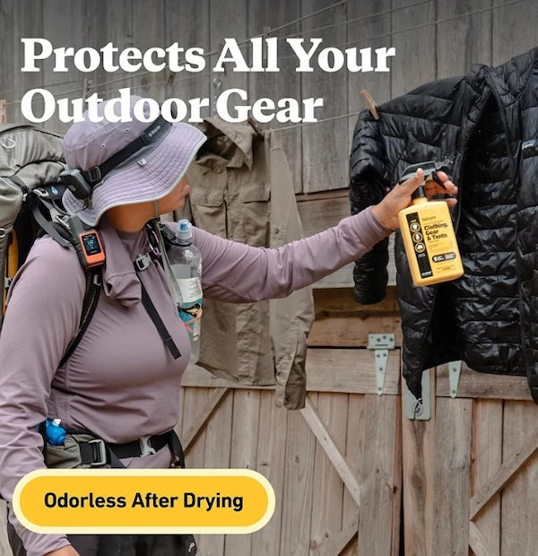 Person applying a product to outdoor gear with text highlighting its features.